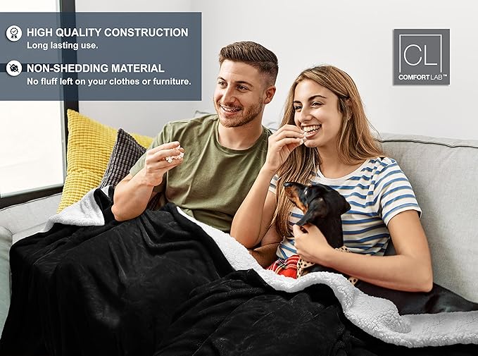 Comfort Lab Reversible Flannel Sherpa Throw Blanket - Elegant Fluffy Throw Blankets for Couch and Home Decor - Anti Pilling Non Shedding Cozy & Warm Fleece Throws - Oversize Throw (60" x 70") - Black