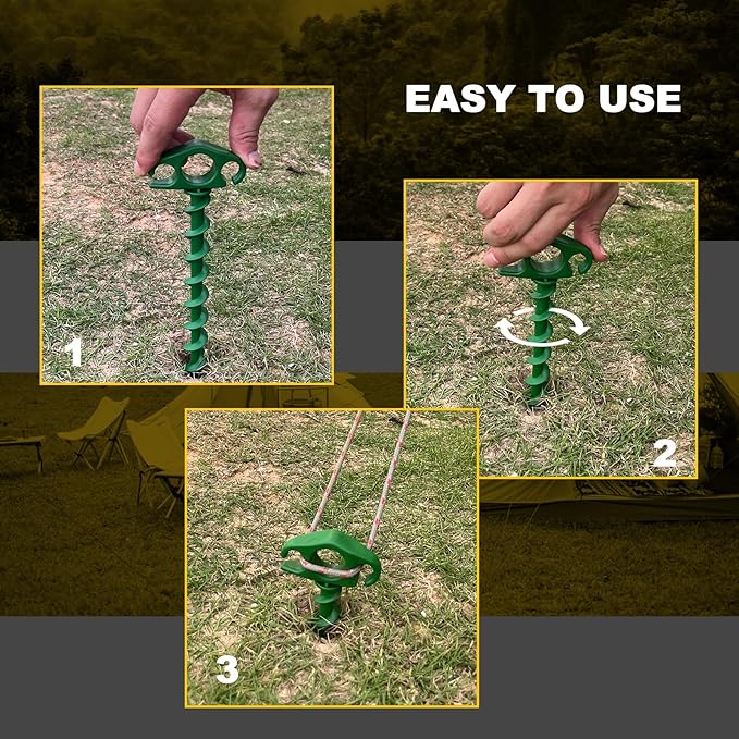 Tent Stakes Ground Anchors Screw in, 10 Pack Sand Stakes for Beach 9.4 Inch Heavy Duty Spiral Tent Pegs for Camping, Party, Hiking, Outdoor Decoration (10, Green)