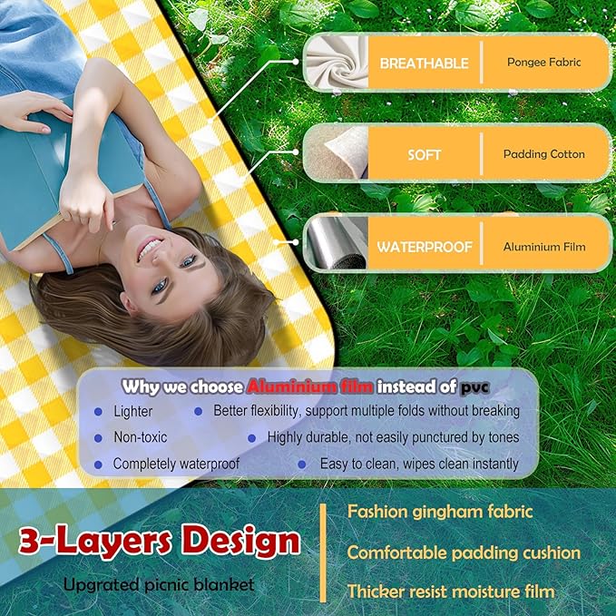 Large Picnic Blankets, 3 Layers Thick Soft Gingham Camping Blanket, 59X79IN Foldable Waterproof Rug, Portable Outdoor Mat for Beach Grass Hiking Park Travel, Sandproof, Machine Washable-Yellow