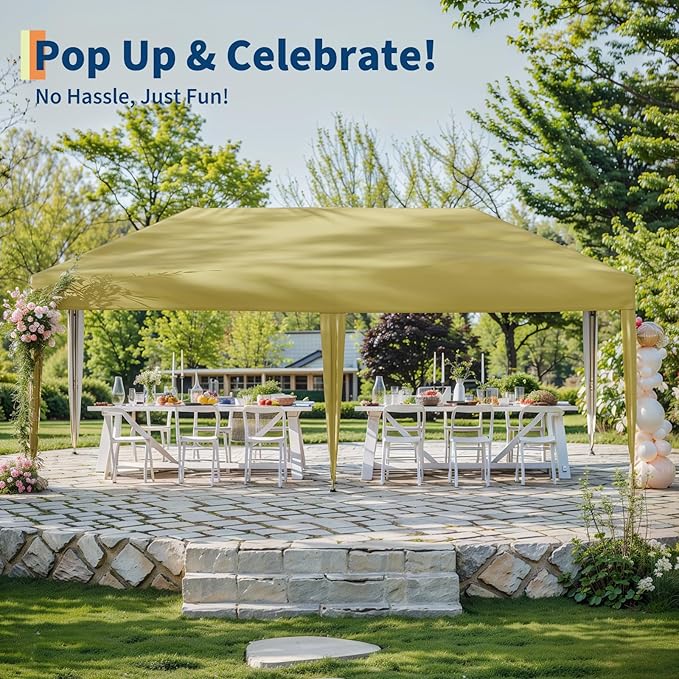 10x20 Pop Up Canopy Tent Outdoor Canopy with No Removable Sidewall One-Person Set Up Heavy Duty Commercial Instant Tent Shelter-Khaki