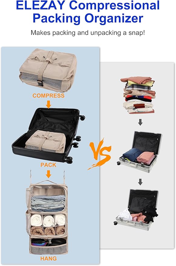 ELEZAY Hanging Packing Cubes Portable Closet 3-Shelf Travel Collapsible Compression Garment Organizer for Carry-on Luggage Suitcase Space Saver Bag X-Large_No Side Pockets, Beige