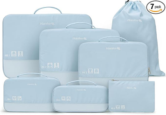 Hanke 7 Piece Expandable Compression Packing Cubes, Premium Travel Packing Organizers for Suitcases/Carry On, Luggage Organizer Bags with Breathable Mesh & Label,Light Blue