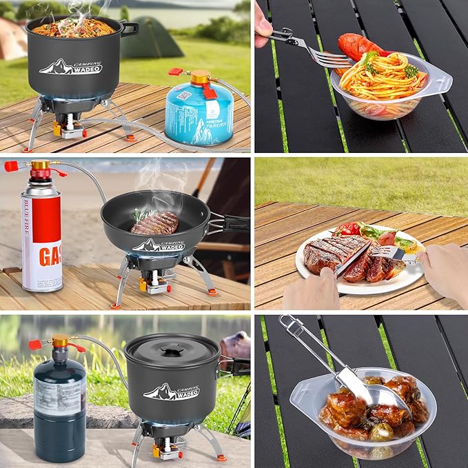 WADEO Camping Cookware Mess Kit with 7200W Camping Stove, 14PCS Non-Stick Camping Pot Pan Set with Stainless Steel Fork Knive Spoon for Camping Backpacking Hiking Outdoor Cooking and Picnic