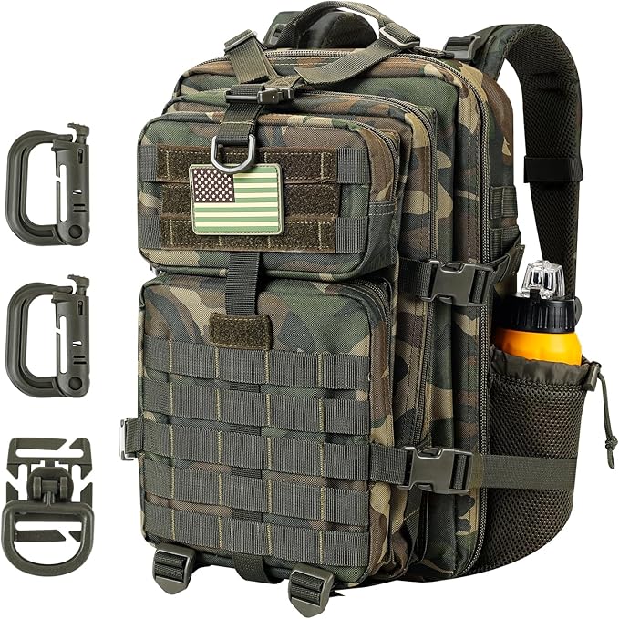 30L MOLLE Assault Pack, Tactical Backpack Military Army Camping Rucksack with Bottle Holder, 3-Day Pack, US Woodland