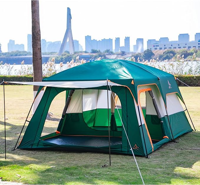 KTT Extra Large Tent 6-10-12-14 Person(B),Family Cabin Tents,2 Rooms,3 Doors and 3 Windows with Mesh,Straight Wall,Waterproof,Double Layer,Big Tent for Outdoor,Picnic,Camping,Family Gathering