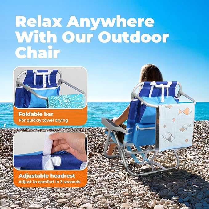 Low Beach Chairs for Adults - 5-Position Lay-Flat Backpack Chair with Large Insulated Cooler & Storage Pocket, Aluminum Frame, Portable for Travel & Outdoor, Supports 300lbs, Wave Blue