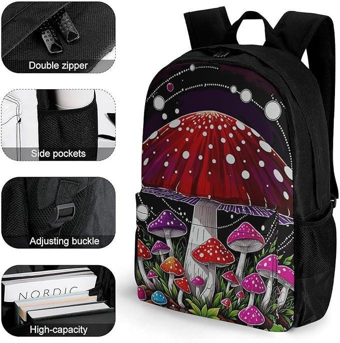 Backpack Anti-Theft Multipurpose Large Capacity Carry On Bag, Magic Mushrooms Trip Camping Outdoor Backpack With Side Pockets