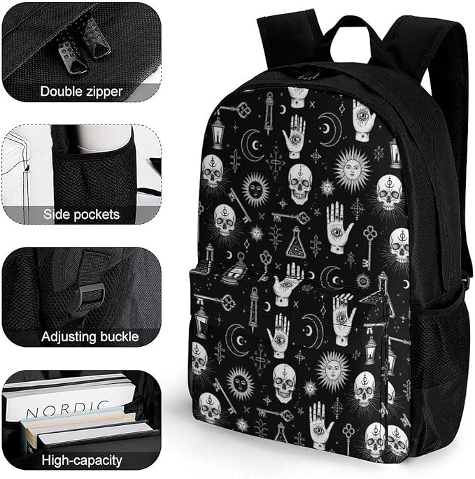 Adults Lightweight Halloween Goth Gothic Raven Crow Skull Sun Moon Tattoos Rucksacks Large Capacity Bookbag With Adjustable Shoulder Straps for Trekking Outdoors Bicycle