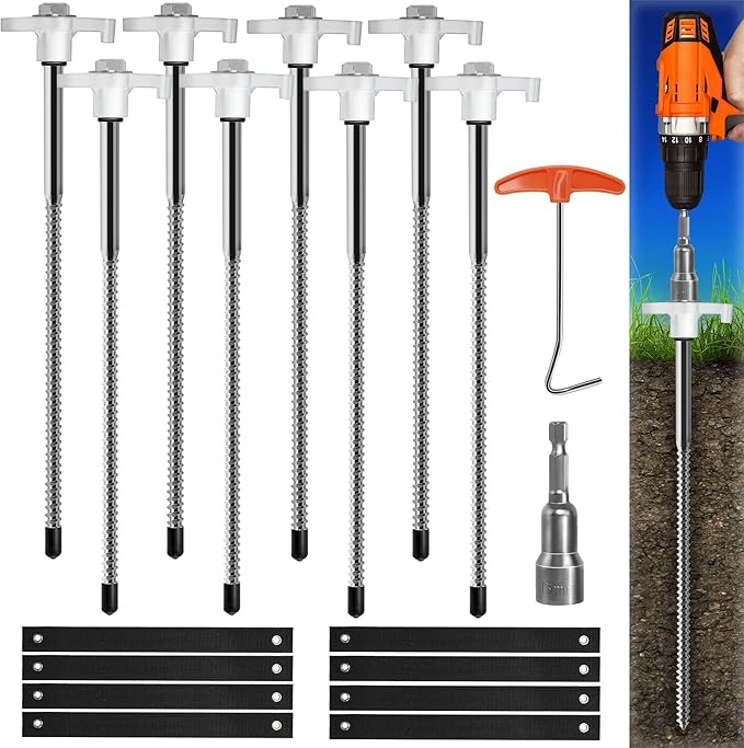 8 Pieces Trampoline Stakes Heavy-Duty: 10 Inch Metal Stake Safety Ground Anchor - for Trampoline/Camping Tent/Canopies/Carports/Sheds/Swing Sets