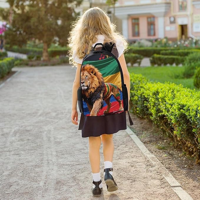 Rucksack Polyester Anti-Theft Multipurpose Jamaican Rasta Flag Rastafarian Reggae Lion Art Bookbag Big Capacity Travel and Sport Backpack Rucksack With Side Pockets