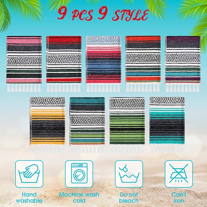 Peryiter 9 Pcs Mexican Blanket Bulk Large Yoga Blanket Striped Falsa with Fringed for Outdoor Beach Picnic Couch, 45 x 70 inch (Retro Colors)