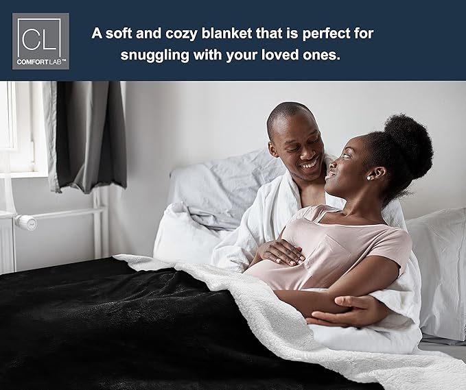 Comfort Lab Reversible Flannel Sherpa Throw Blanket - Elegant Fluffy Throw Blankets for Couch and Home Decor - Anti Pilling Non Shedding Cozy & Warm Fleece Throws - Oversize Throw (60" x 70") - Black