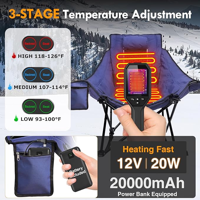 Slendor Heated Rocking Camping Chair with Padded & Pillow, 2000mAh Power Bank, 3 Adjustable Heat Settings, Oversized Camping Chair for Easy Setup and Foldable Storage, Blue