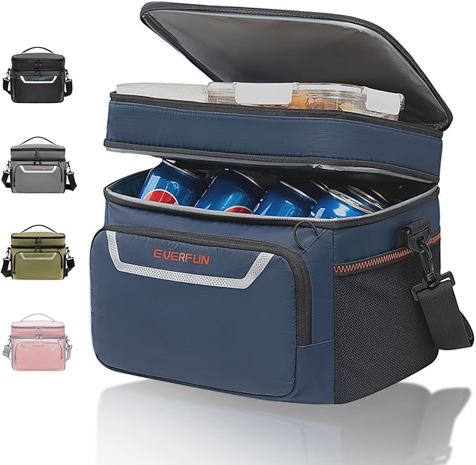 EVERFUN Small Cooler Lunch Box Mini Leak-Proof Soft Double Deck 24 Can Personal Insulated Collapsible Portable Waterproof Lunch Bag Ice Chest for Men Women Work Travel Car Picnic Beach