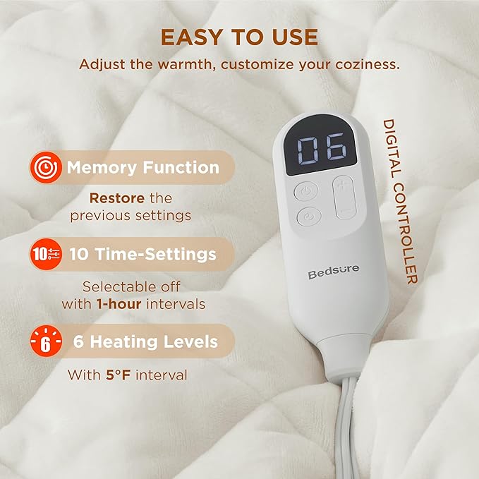 Bedsure Electric Blanket Full Size - Heated Weighted Blanket Full with 6 Heat Settings, Fasting with 10 Time Settings & 8 Hours Auto-Off (72x84 inches, Ivory)
