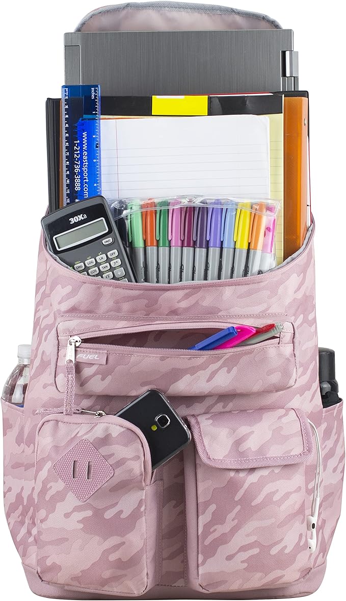 FUEL Multi-Pocket Cargo Travel Backpack Luggage Bag with Top-Loader Entry, Pink Camo