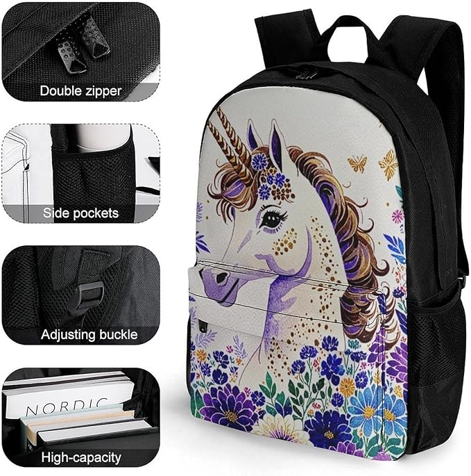 Supdreamc Men Women Polyester Unicorn Purple Flower Daypack Big Capacity Shoulder Bag With Adjustable Shoulder Straps for Camping Travel Walking Cycling