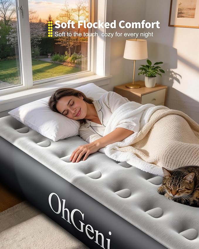OhGeni Twin Camping Air Mattress Bed with Built in Pump, Family Choice Award Winner, 13" Raised Inflatable Blow up Mattress, Portable Foldable Bed with Upgraded Surface for Home & Outdoor, 300lbs