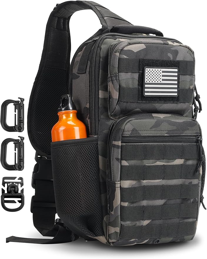 Rover Sling Pack Tactical Shoulder Sling Bag Backpack with Bottle Holder Crossbody Chest Bag, Black Camo