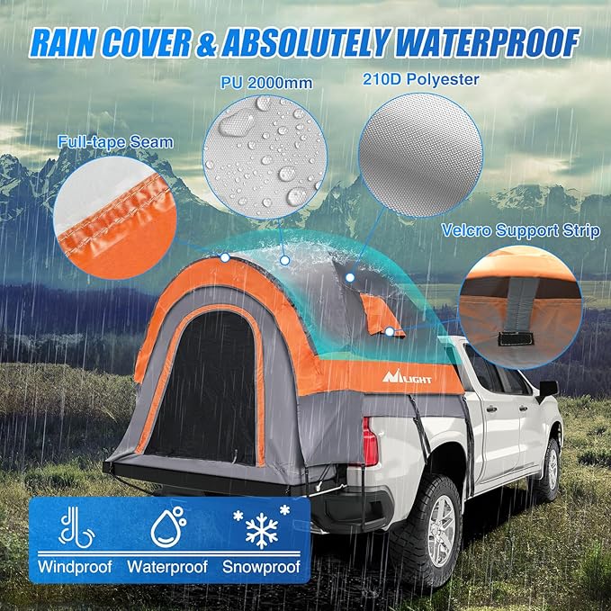 Nilight Truck Bed Tent 5.2-5.8 FT Pickup Tents with Rainfly Waterproof PU2000mm Double Layer Tent for Truck 2-Person Portable Full Size Short Tailgate Bed Tent for Camping Outdoor Travel, Orange Grey