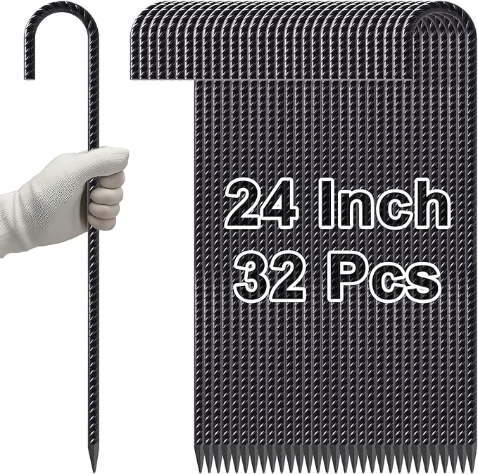 VVOKGO Rebar Stakes 24 Inch J Hook Heavy Duty Ground Anchors (32pcs), 3/8 Inch Diameter Metal Steel Extra Long Fence Stakes with Chisel Point End for Greenhouse, Gazebo, Carport, Camping Tents, Black