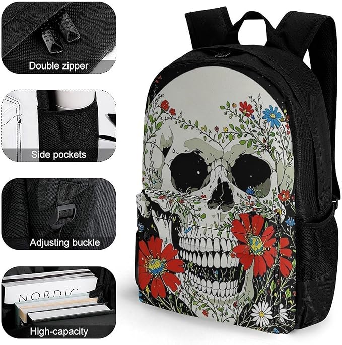 Supdreamc Adults Lightweight Psychedelic Skull Skeleton Floral Art Rucksacks Large Capacity Bookbag With Adjustable Shoulder Straps for Trekking Outdoors Bicycle