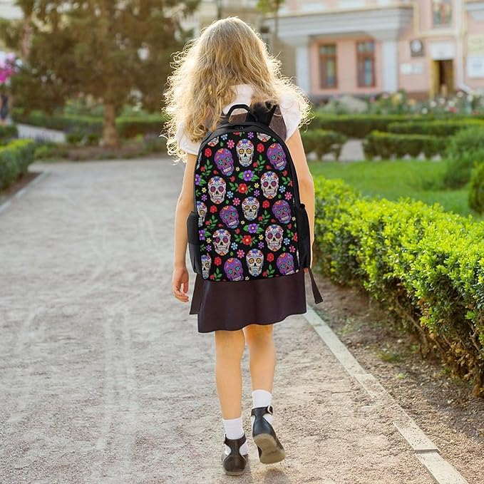 Men Women Polyester Purple Mexican Sugar Skulls Day Of The Dead Floral Flowers Art Daypack Backpack Large Capacity Carry On Bag With Smooth Zippers for Hiking Picnic Walking Cycling