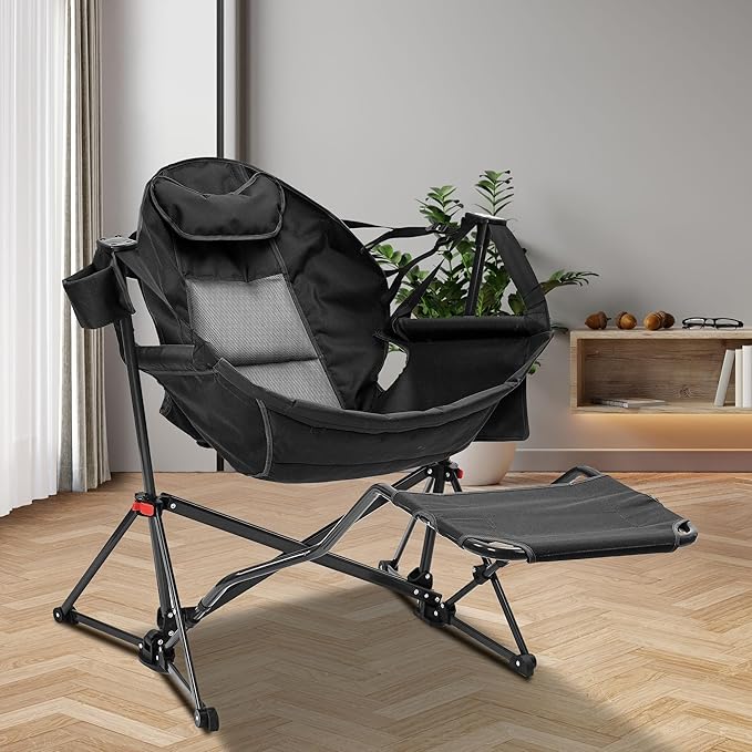 Ainfox Hammock Chair with Footrest, Oversized Swinging Portable Folding Camping Chairs for Adults Outside Swinging Camp with Cup Holder Pillow for Outdoor Patio Lawn Black