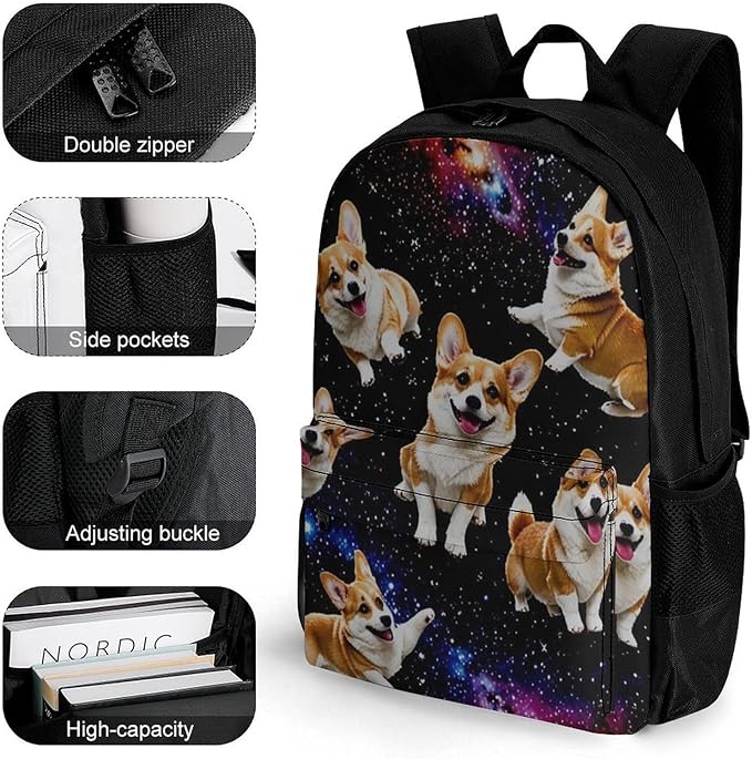Polyester Daypack Bookbag for Gym Business Bicycle, Large Capacity Multipurpose Anti-Theft Carry On Bag, Galaxy Space Cute Corgi Running Travel Hiking Daypack