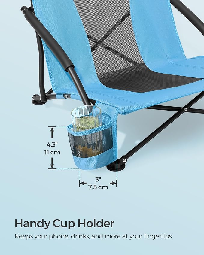 SONGMICS Set of 2 Portable Beach Chairs for Adults, Max. Load 330 lb Each, High Backrest, Cup Holder, Lightweight, Heavy-Duty, Light Blue UGCB067Q01V1