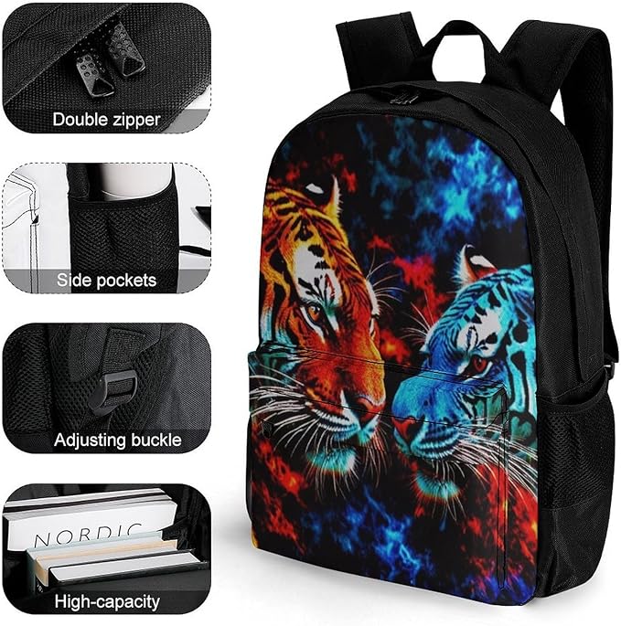 Backpack Lightweight Anti-Theft Multipurpose Trippy Red And Blue Neon Cloud Tiger Art Shoulder Bag Large Capacity Travel Hiking Backpack With Padded Straps