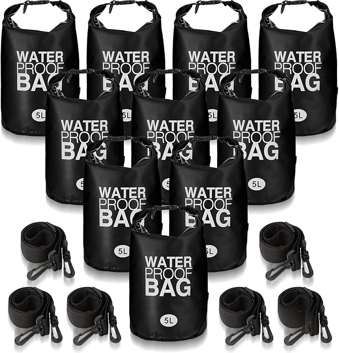 Jexine 10 Pack Dry Bag Waterproof, 5L Ultralight Dry Sacks Roll Top Storage Bag Backpack Camping Portable Outdoor Bags Keep Gear for Backpacking Kayaking Hiking Swimming Fishing Boating (Black)