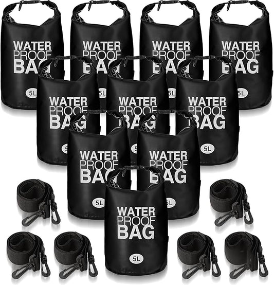 Jexine 10 Pack Dry Bag Waterproof, 5L Ultralight Dry Sacks Roll Top Storage Bag Backpack Camping Portable Outdoor Bags Keep Gear for Backpacking Kayaking Hiking Swimming Fishing Boating (Black)