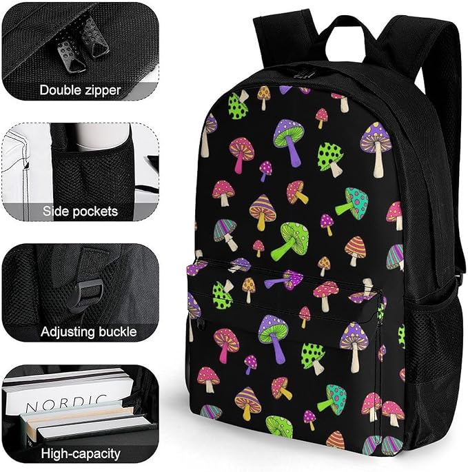 Men Women Polyester Trippy Mushrooms Art Daypack Bookbag Big Capacity Shoulder Bag With Padded Straps for Climbing Travel Walking Cycling