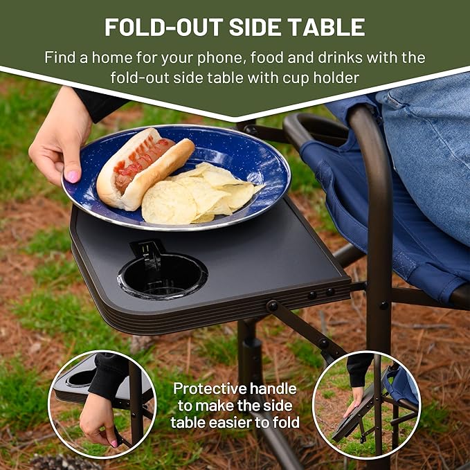 TIMBER RIDGE Folding Camping Chair with Cooler Bag, Director Chair Foldable with Side Table for Adults, Camp Chairs for Outdoor, Lawn, Sports, Fishing, Heavy Duty Supports 300lbs, Blue