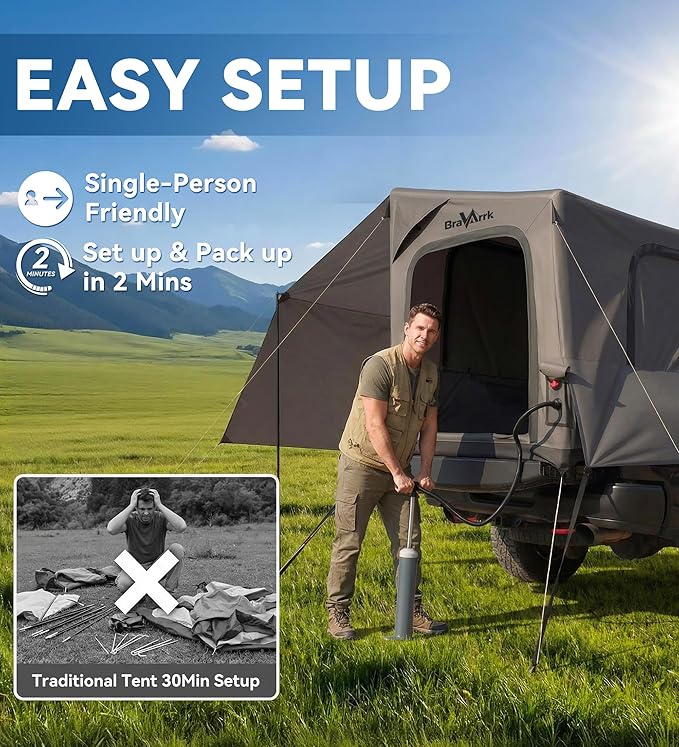 Inflatable Truck Bed Tent with Detachable Zippered Awning, Pickup Truck Tent for 5.5ft-8ft Bed, 2 Mins Fast Setup Blow Up Tent for Truck, PU3000 Waterproof Truck Tent for Camping