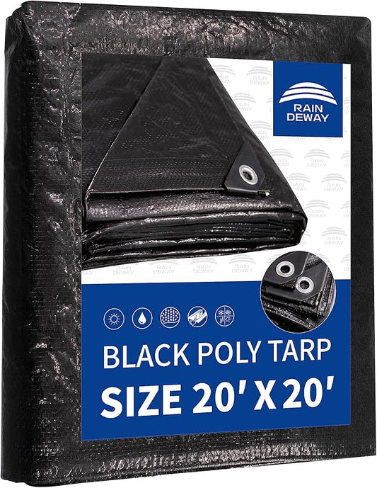 RAINDEWAY Large Black Tarp 20x20 Feet, UV Resistant, 8 Mil Multipurpose Medium Duty Waterproof Poly Tarp Cover with Metal Grommets and Reinforced Edges by RAINDEWAY