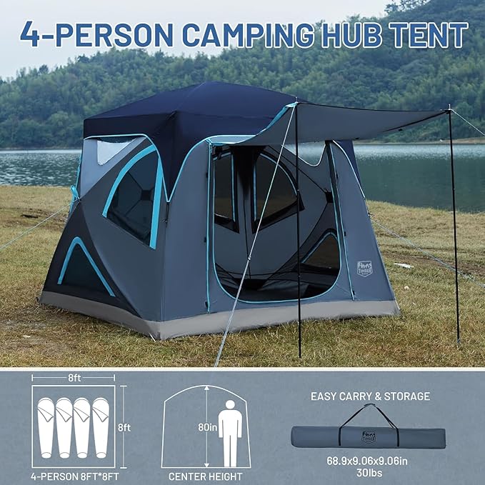 TIMBER RIDGE Camping Tent, 4 Person Instant Pop Up Hub Tent with 8 Windows, Easy 60 Second Setup, Weather Resistant Family Cabin Tents with Rain Fly for Camping, Hiking, Outdoor Travel