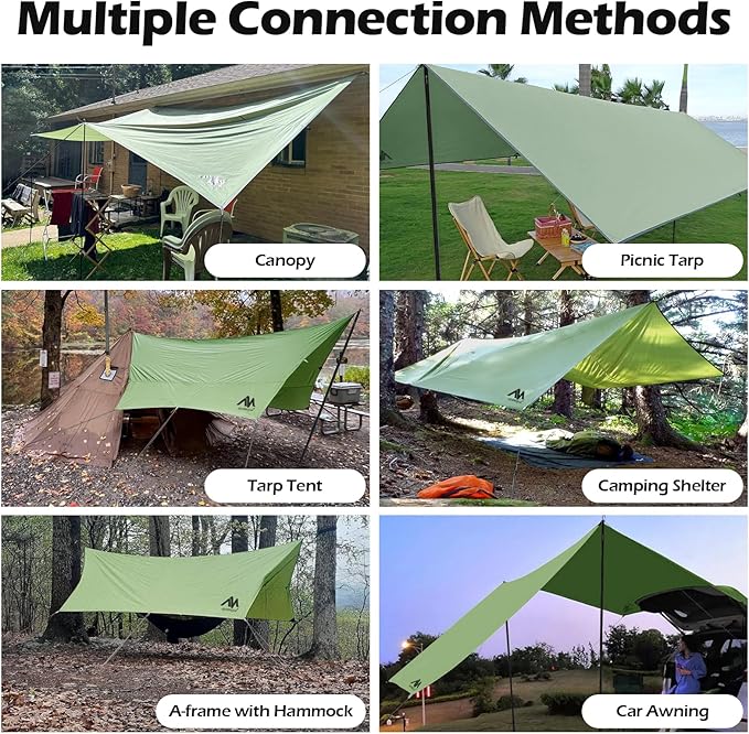 AYAMAYA Camping Tarp with Poles Heavy Duty, 10 x 15 FT Extra Large Waterproof Tarp Tent Awning, Hammock Rain Fly Sun Shelter for Camping, Beach, Picnic, Outdoor Activities