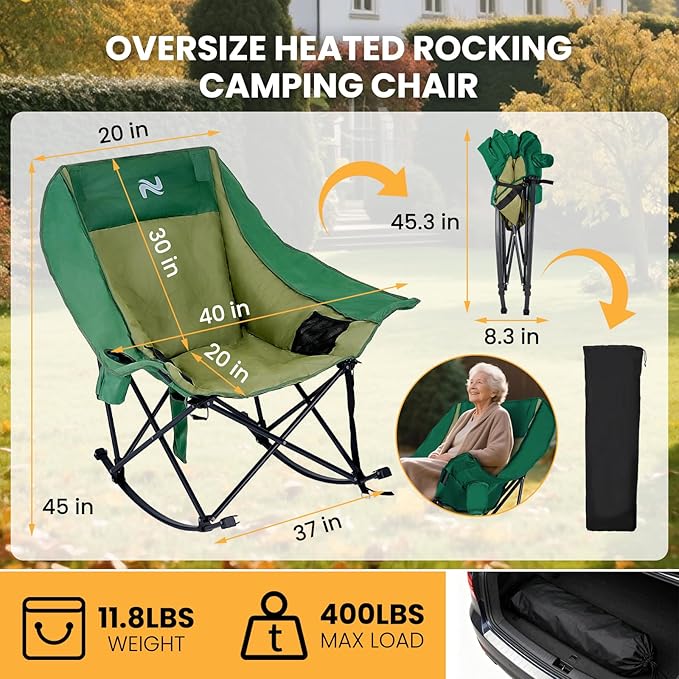 Begonia.K Oversized Heated Rocking Camping Chair - 400lbs Capacity Padded Camping Recliner w/ 3 Levels Back Seat Heat - Folding Lawn Chair with Side Pockets for Camp Patio Backyard
