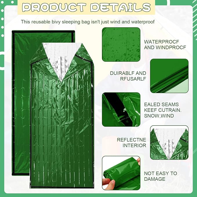 Qunclay 24 Set Emergency Sleeping Bag Survival Bivvy Sack Blanket with Whistles Lightweight Portable Thermal Survival Bag Thick with Hood Extension Nylon Stuff Sack for Camping Hiking Outdoor