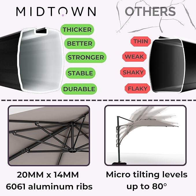 Midtown Umbrellas 10 Ft Outdoor Cantilever Patio Umbrella w/Terylast Greige Fabric - Rotate Tilt 360° Offset Patio Umbrella, Deck Patio Umbrella, Backyard Umbrella & Garden Umbrella - Black Frame