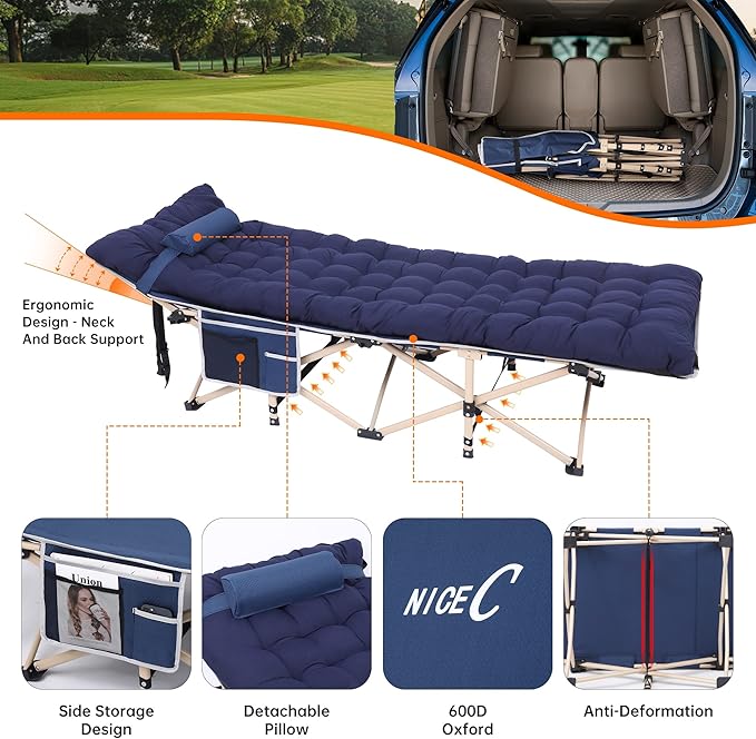 Nice C Camping Cots with Cushion, Camping Cots with Mattress, for Adults, Folding Cot, with Pillow, Carry Bag & Storage Pocket, Extra Wide Sturdy, Holds Up to 500 Lbs (2, Mattress Navy)