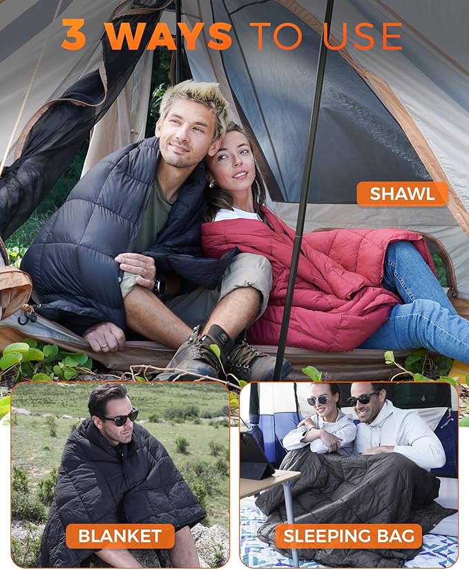 KingCamp Ultralight Camping Blanket, Packable Down Alternative Puffy Wearable Blankets Weatherproof Warm Package Quilt with Snap Buttons for Outdoor Hiking Travel Picnic Stadium (79" x 57", BLACK)