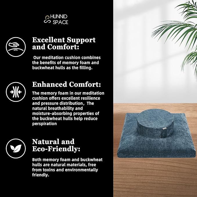 Meditation Zafu Cushion Set with Buckwheat Hulls & Memory Foam - Ergonomic Support for Yoga & Sitting - Removable Machine-Washable Luxury Velvet Cover - for Adults and Kids (Cl03-Blue)