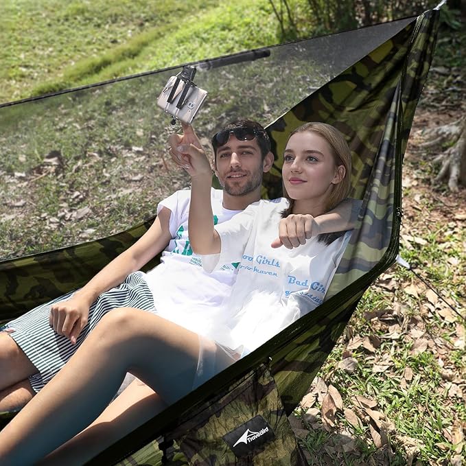 Camping Hammock with Mosquito Net and Ridge Rope, Extra Large for 2 Person, Lightweight Hanging Hammocks Tree Straps, All-in-one Fast Open Hammock for Outside, Hiking, and Travel