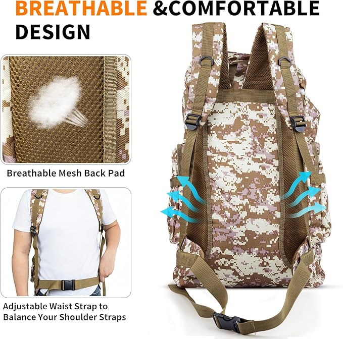 Hiking Backpack Tactical Backpack for Men Women, 80L Military Backpack Rucksack Waterproof Large Travel Camping Backpack for Men, Molle Rucksack Outdoor Travel Cycling Daypack (Desert Camo)