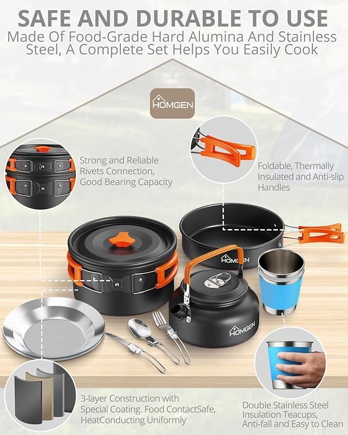 HOMGEN 14-Piece Camping Cooking Set with Stove Windshield & 2 Plates - Lightweight Aluminum Nesting Pot/Frying Pan Teapot - Complete Camping Mess Kit for Backpacking Picnics Outdoor Cooking Camping