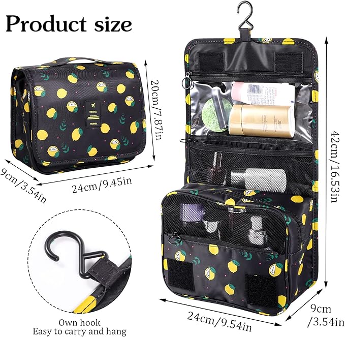Pengxiaomei Toiletry Bag for Women, Waterproof Hanging Cosmetic Bag Portable Travel Makeup Pouch Multifunction Handle Bathroom Bag for Mothers Day Gifts (Black Lemon)