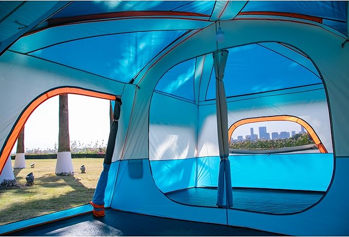KTT Extra Large Tent 6-10-12-14 Person(Style-B),Family Cabin Tents,2 Rooms,3 Doors and 3 Windows with Mesh,Straight Wall,Waterproof,Double Layer,Big Tent for Outdoor,Picnic,Camping,Family Gathering